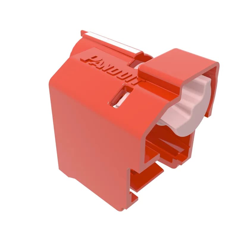 The Lock-In device secures patch cord connections to prevent unauthorized access or accidental removal. Recessed device is used when jacks mount slightly deeper from the surface. Extended hood protects locking mechanism. Includes 10 red devices and one removal tool.