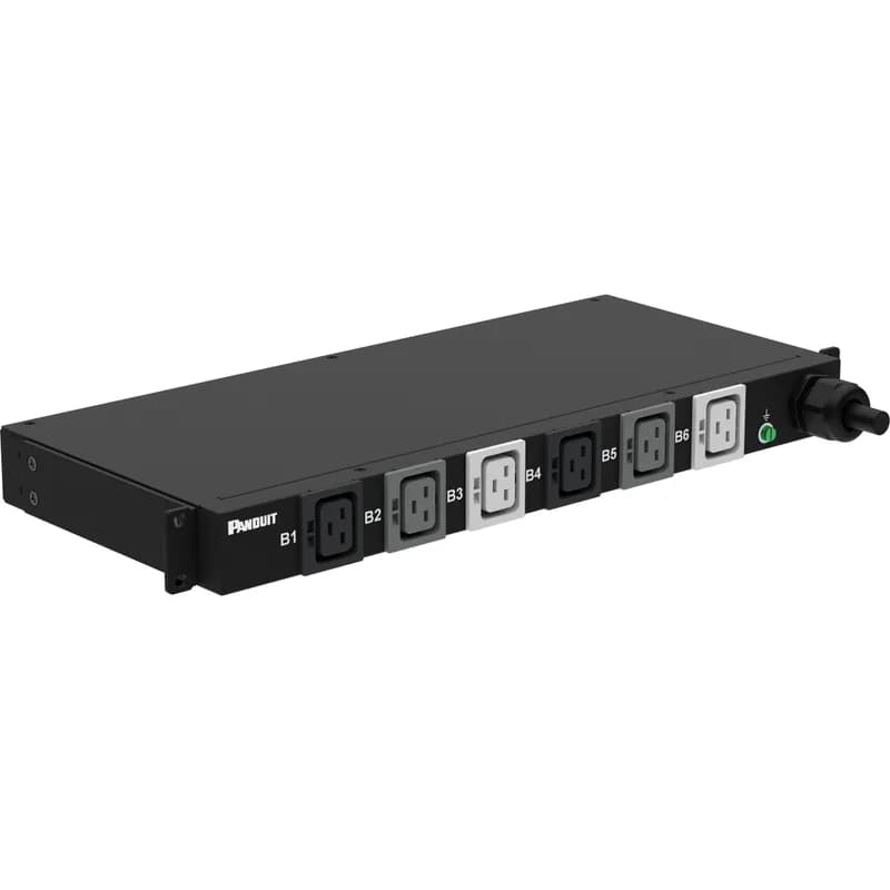 This Panduit G5 Basic PDU features (6) C19 outlets. It is a 30 amp, 415 V, three phase PDU with an IEC 60309 3P+N+E 6h 30A (IP67) input plug and a 10 foot (3m) power cord. The PDU is black.