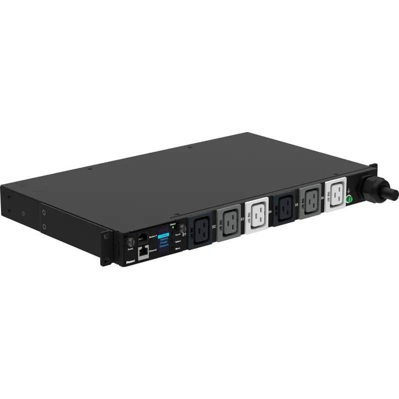 This Panduit G5 Monitored Input PDU features (6) C19 outlets. It is a 30 amp, 415 V, three phase PDU with a NEMA L22-30P input plug and a 10 foot (3m) power cord.