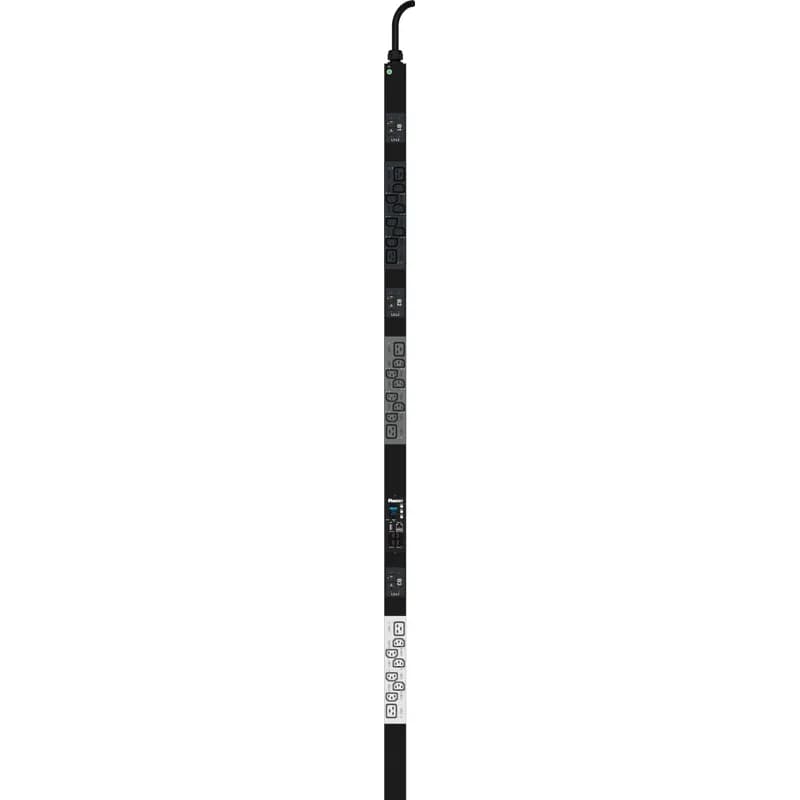 This Panduit G5 Monitored Switched PDU features (24) C13 outlets. It is a 30 amp, 415 V, three phase PDU with an IEC 60309 3P+N+E 6h 30A (IP67) input plug and a 10 foot (3m) power cord.