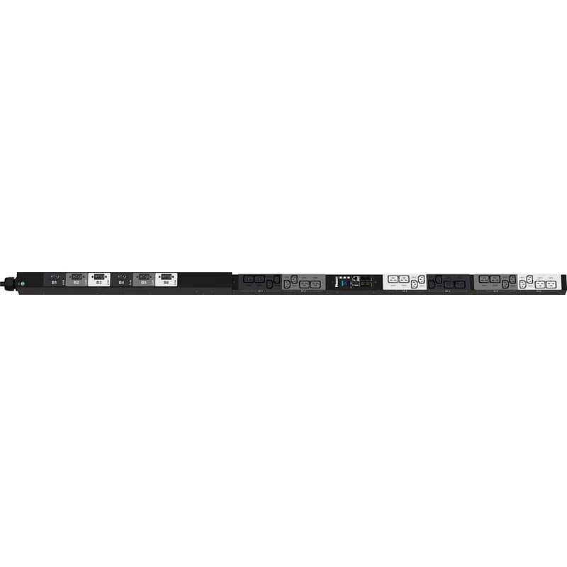 This Panduit G5 Monitored Input PDU features (12) C13 and (12) C19 outlets. It is a 30 amp, 415 V, three phase PDU with an IEC 60309 3P+N+E 6h 30A (IP67) input plug and a 10 foot (3m) power cord.
