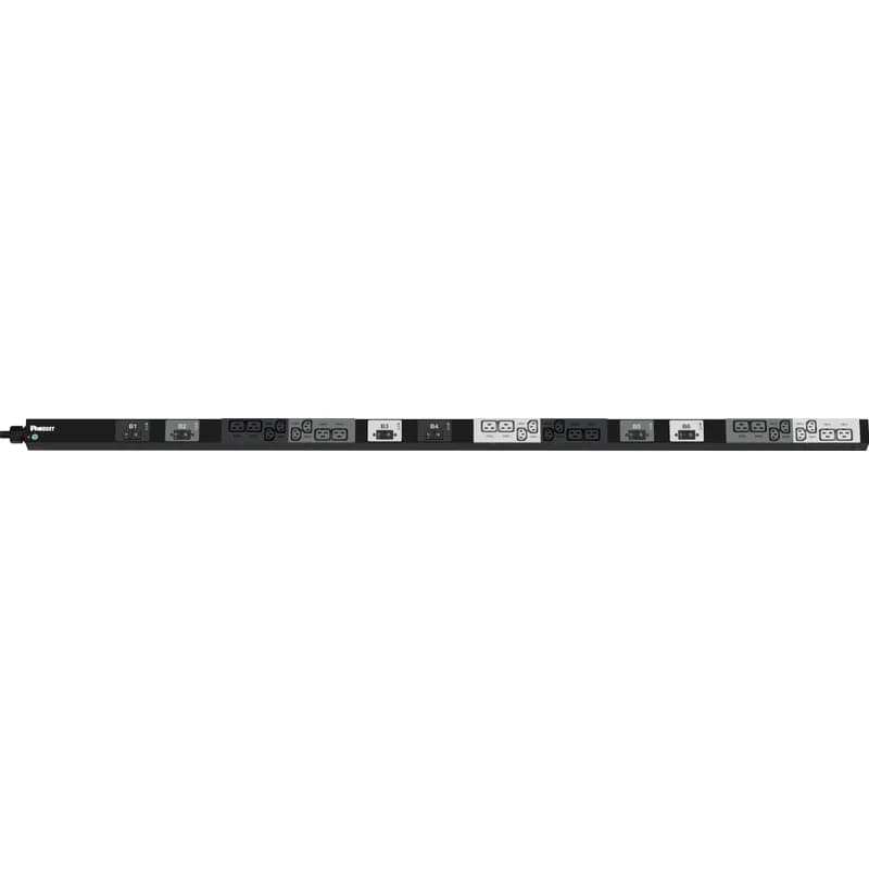 This Panduit G5 Basic PDU features (12) C13 and (12) C19 outlets. It is a 30 amp, 415 V, three phase PDU with an IEC 60309 3P+N+E 6h 30A (IP44) input plug and a 10 foot (3m) power cord. The PDU is black.
