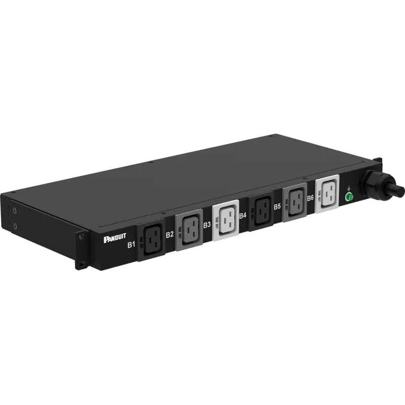 This Panduit G5 Basic PDU features (6) C19 outlets. It is a 30 amp, 415 V, three phase PDU with an IEC 60309 3P+N+E 6h 30A (IP44) input plug and a 10 foot (3m) power cord. The PDU is black.