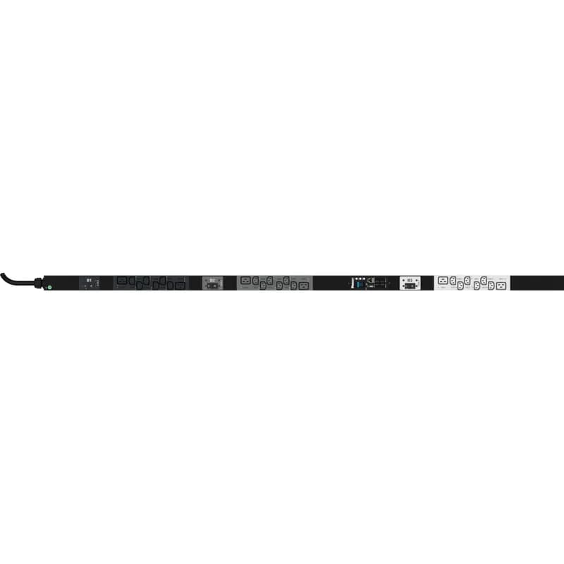 This Panduit G5 Monitored Switched PDU features (18) C13 and (6) C19 outlets. It is a 30 amp, 415 V, three phase PDU with an IEC 60309 3P+N+E 6h 30A (IP67) input plug and a 10 foot (3m) power cord.