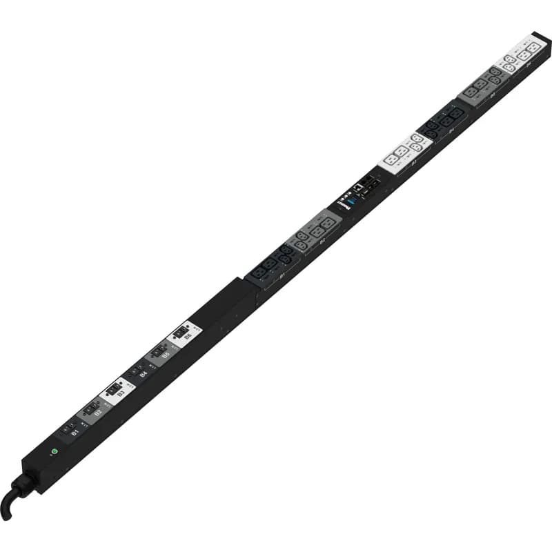 This Panduit G5 Monitored Switched PDU features (12) C13 and (12) C19 outlets. It is a 30 amp, 415 V, three phase PDU with an IEC 60309 3P+N+E 6h 30A (IP67) input plug and a 10 foot (3m) power cord.
