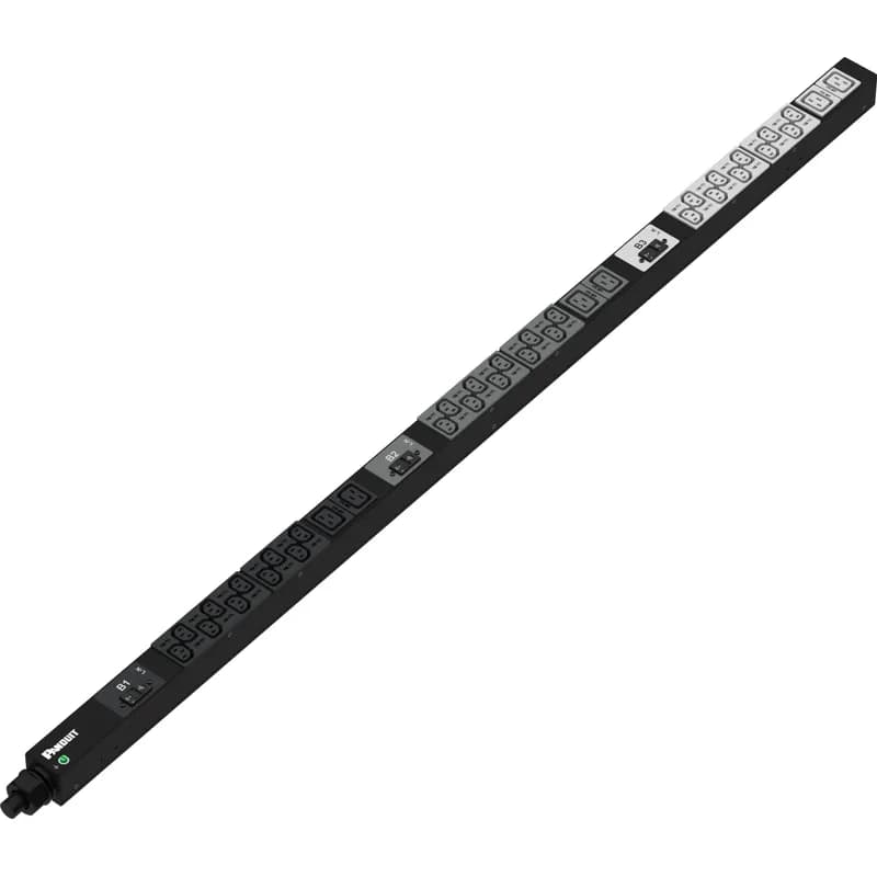 This Panduit G5 Basic PDU features (24) C13 and (12) C19 outlets. It is a 30 amp, 415 V, three phase PDU with an IEC 60309 3P+N+E 6h 30A (IP44) input plug and a 10 foot (3m) power cord. The PDU is black.