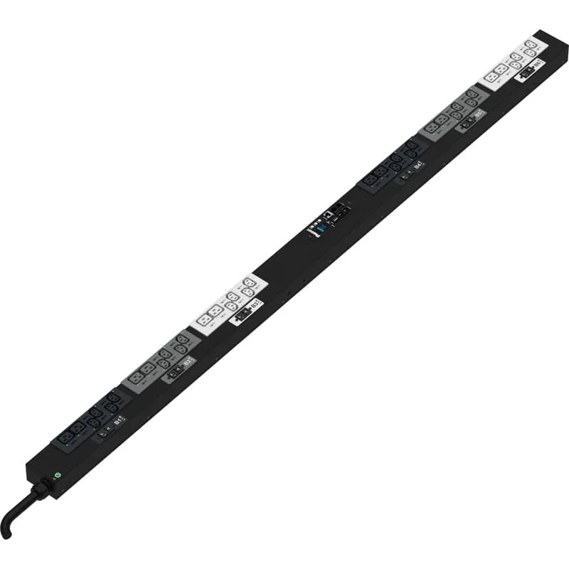 This Panduit G5 Monitored Switched PDU features (30) C13 and (6) C19 outlets. It is a 30 amp, 415 V, three phase PDU with a NEMA L22-30P input plug and a 10 foot (3m) power cord.