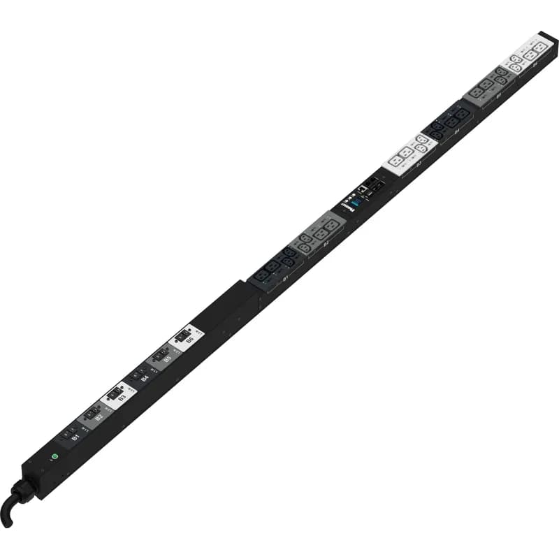 This Panduit G5 Monitored & Switched per Outlet PDU features (12) C13 and (12) C19 outlets. It is a 30 amp, 415 V, three phase PDU with an IEC 60309 3P+N+E 6h 30A (IP67) input plug and a 10 foot (3m) power cord.