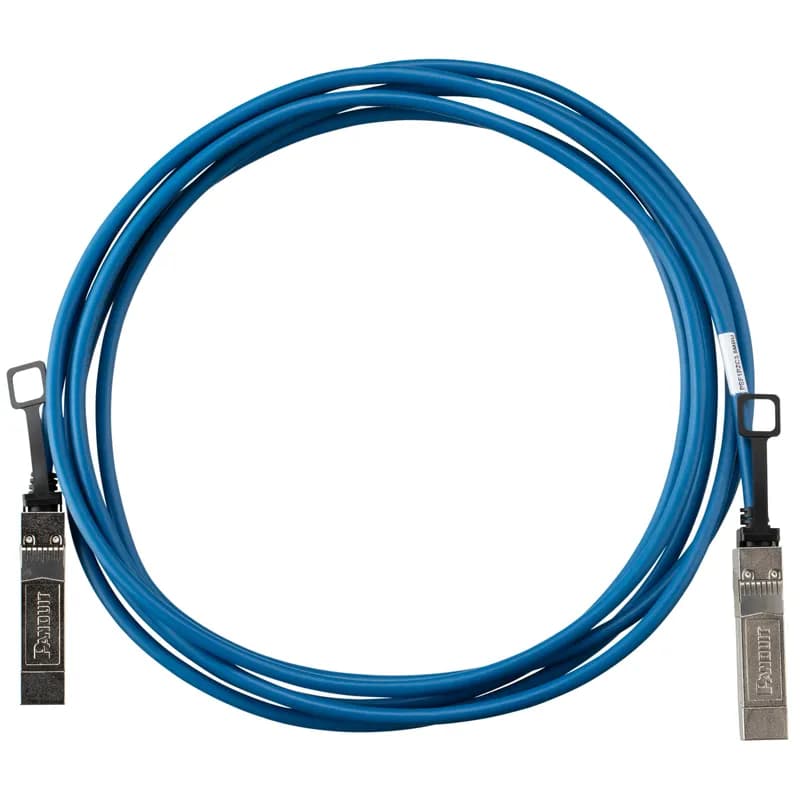 This direct attach passive copper cable assembly features 10G factory-terminated SFP+ passive modular connectors on each end. The high-speed, 2-pair assembly has twinaxial cable, is blue in cable color, 26AWG and 3.5 meters in length.