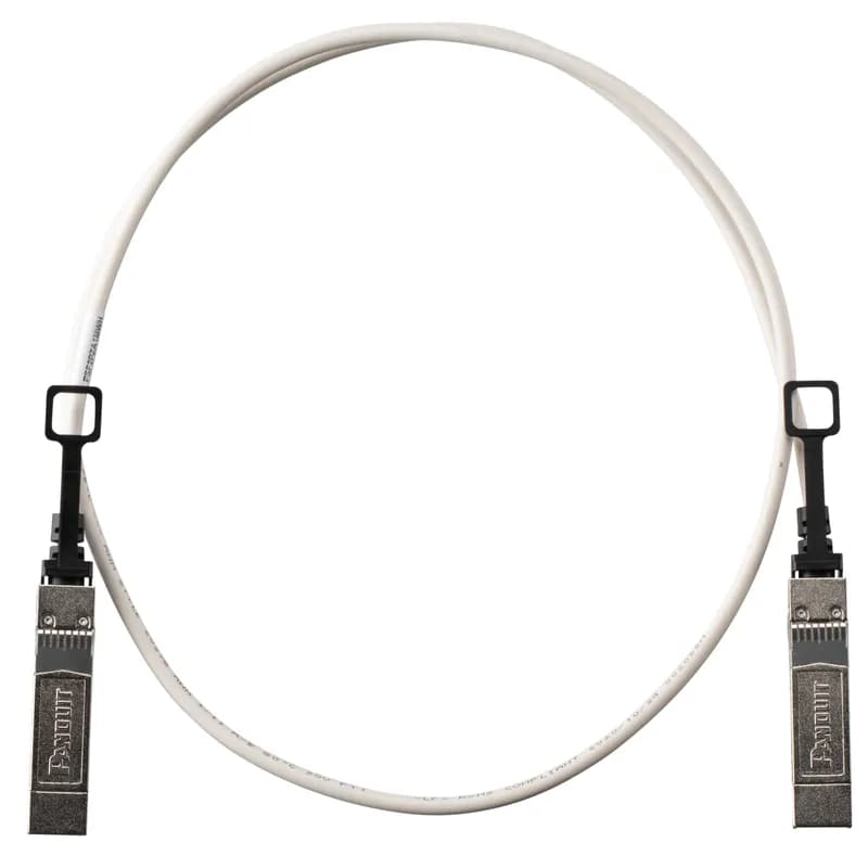 This direct attach passive copper cable assembly features 10G factory-terminated SFP+ passive modular connectors on each end. The high-speed, 2-pair assembly has twinaxial cable, is white in cable color, 30AWG and 2.5 meters in length.