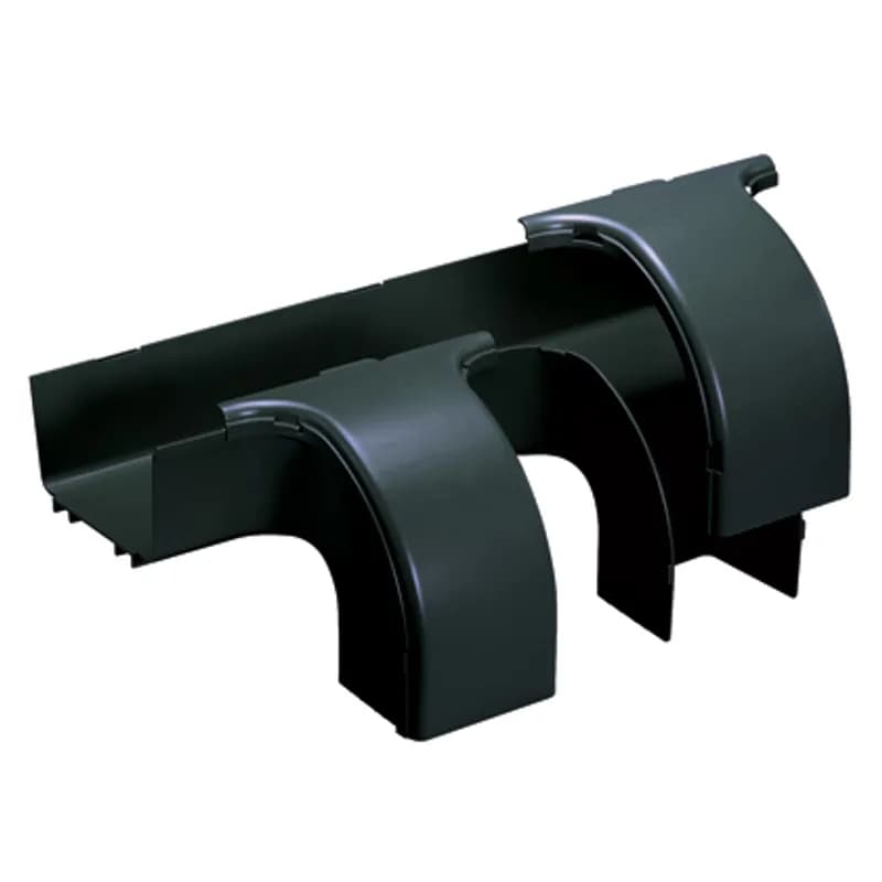 The FiberRunner 6x4 Dual Downspout attaches to a 6x4 channel and/or fitting to create two 90 4x4 downward transitions from a horizontal run. The fitting maintains a 2 inch bend radius control throughout the transition to the vertical downspouts. It includes two snap-on throat covers for the dual downspouts.