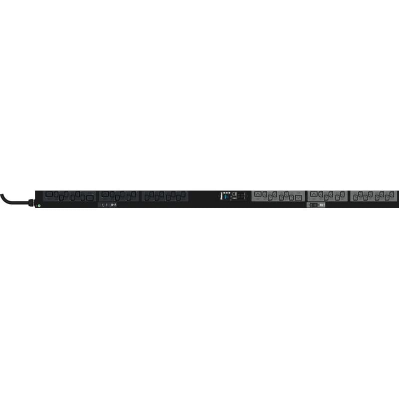 This Panduit G5 Basic PDU features (48) C13 and (6) C19 outlets. It is a 30 amp, 415 V, three phase PDU with an IEC 60309 3P+N+E 6h 30A (IP44) input plug and a 10 foot (3m) power cord. The PDU is black.
