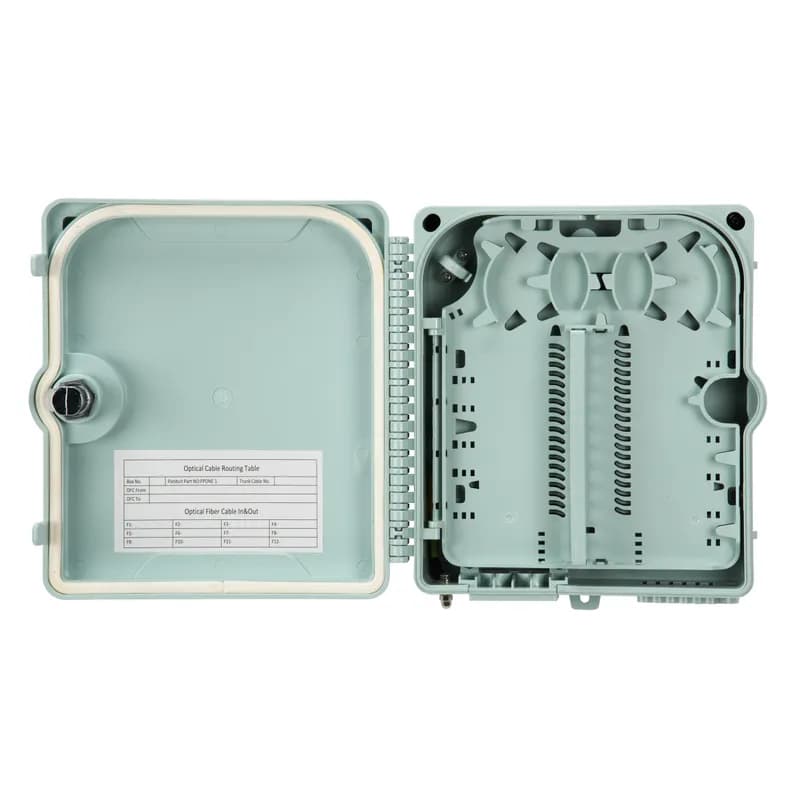 The wall mount enclosure is intended for use in passive optical LAN deployments. The small box is 233W x 200H x 63D mm in size, is IP55 rated, and has ports for 12 FASSCZAG-L adapters and splice protection sleeves.