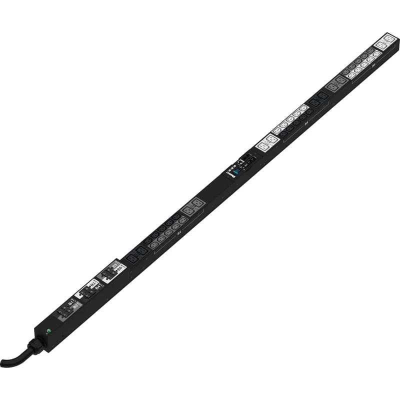 This Panduit G5 Monitored Input PDU features (36) C13 and (6) C19 outlets. It is a 30 amp, 415 V, three phase PDU with an IEC 60309 3P+N+E 6h 30A (IP67) input plug and a 10 foot (3m) power cord.