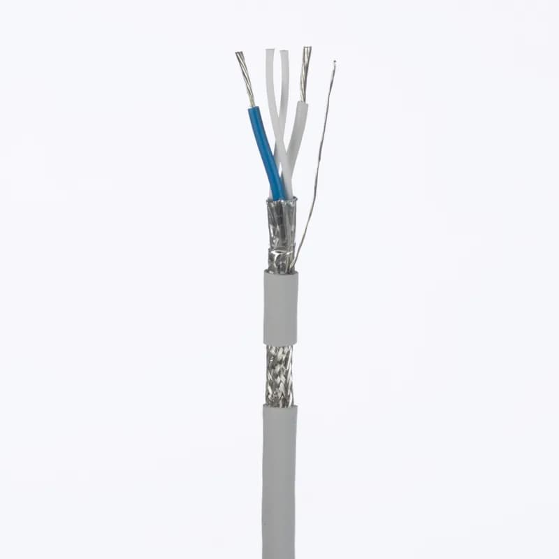 The SPE Shielded Copper Cable has 18/7 AWG stranded tinned copper conductors with foamed polyethylene (PE) insulation. The conductors are twisted in a pair and include two fillers. The pair is surrounded by an aluminum/polyester foil shield, a tinned copper braid shield, and includes a 24/7 AWG stranded tinned copper ground wire. The PVC jacket is oil, UV, and abrasion resistant for enhanced chemical resistance, mechanical performance, and flame retardant (CM/CMR) for industrial applications.