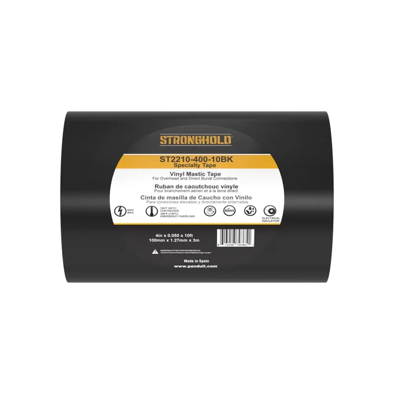 Panduit ST2210-400-10BK - StrongHold ST2210-400-10BK Vinyl Mastic Tape is a self-fusing mastic compound secured to an all-weather vinyl backing. This product serves as two tapes in one. It can be used for insulating and for the water sealing of electrical connections up to 600V. For indoor and outdoor usage, UV protection, super adhesion and moisture and chemical resistance. Is 4 x 10 in size and comes in 1 roll per package, and 10 rolls per case.