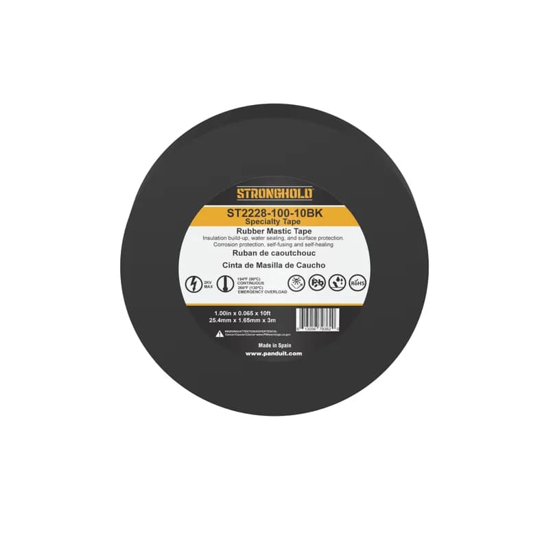 Panduit ST2228-100-10BK - StrongHold ST2228-100-10BK Rubber Mastic Tape is a self-bonding mastic with an ethylene propylene rubber (ERP) backing, secured to an electrical grade mastic. It can be used for insulating and for the water sealing of splices and terminations up to 2kV. For indoor and outdoor usage, UV resistant, super adhesion and moisture, corrosion, and chemical resistance. Is 1 x 10 in size and comes in 1 roll per package, and 50 rolls per case.