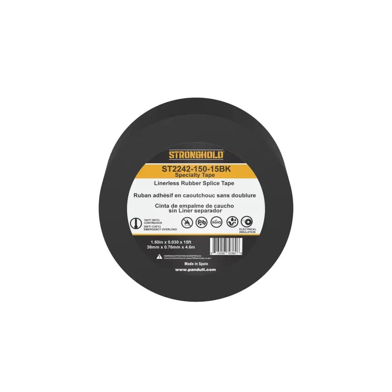 Panduit ST2242-150-15BK - StrongHold ST2242-150-15BK Rubber Splice Tape easily conforms to irregular shapes and surfaces providing an electrically stable build-up. It is self-amalgamating and good for low voltage insulation of no more than 600V. Is 1.5 x 15 in size and comes in 1 roll per package, and 70 rolls per case.