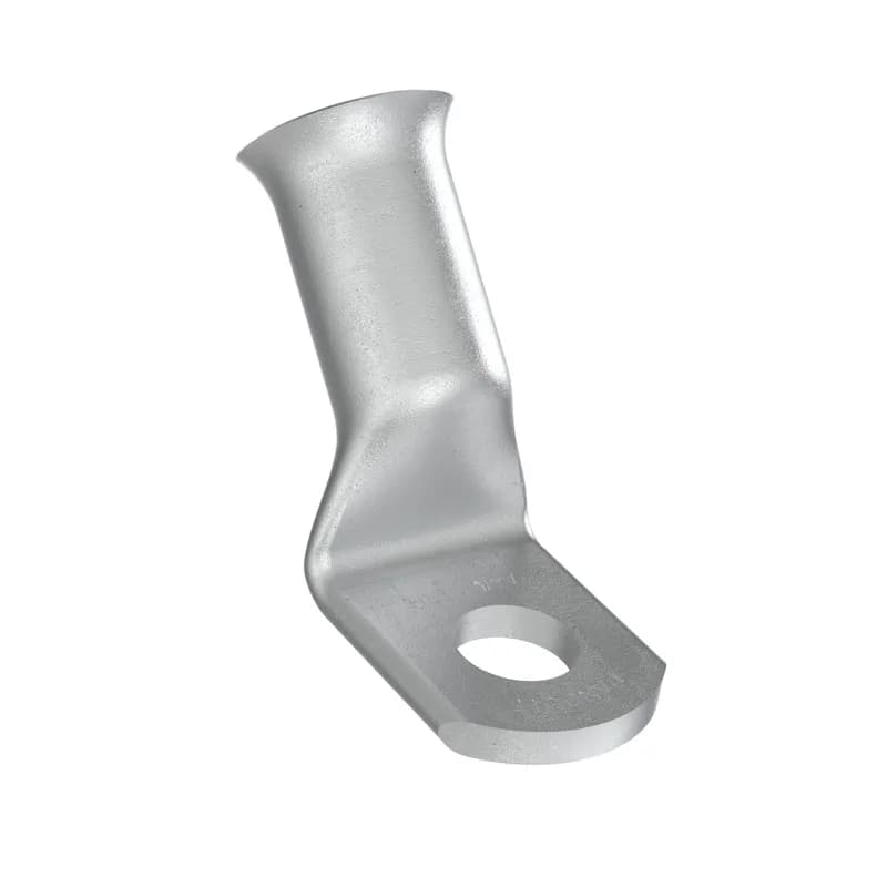 The A4/0-12RH-C Copper Compression Battery Cable Lug, 4/0 AWG, 1/2" Stud with a 45 degree bend are tin plated to meet ASTM Class C specification for corrosion resistance. Manufactured with a standard barrel without an inspection window preventing contaminents from entering. Flared barrel entry for ease of inserting flex conductors. High pullout strength for heavy duty applications and military pullout strength requirements when using Panduit recommended tooling.