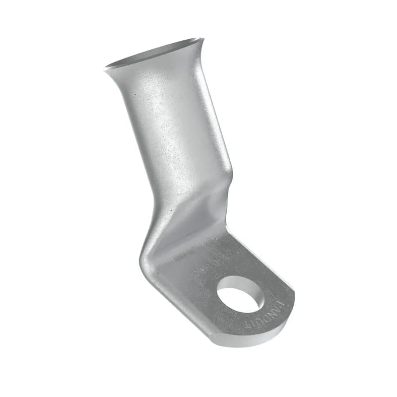 Panduit A2/0-56RH-C - The A2/0-56RH-C Copper Compression Battery Cable Lug, 2/0 AWG, 5/16" Stud with a 45 degree bend are tin plated to meet ASTM Class C specification for corrosion resistance. Manufactured with a standard barrel without an inspection window preventing contaminents from entering. Flared barrel entry for ease of inserting flex conductors. High pullout strength for heavy duty applications and military pullout strength requirements when using Panduit recommended tooling.
