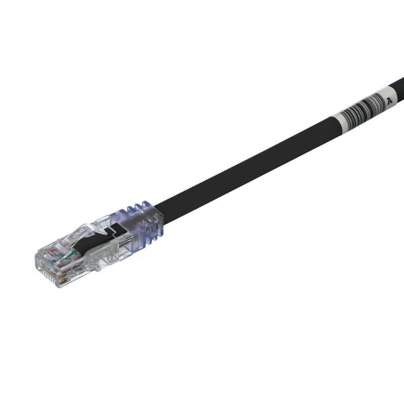 The TX6A 10Gig Cat 6A UTP Patch Cord is a 2.5-Meter, 0.250-inch (6.4mm) diameter, Black cord constructed of 24 AWG, unshielded, twisted pair, solid, CM cable with high-performance modular plugs. Its solid foil tape limits alien crosstalk, ensuring 10 Gb/s transmission. The tangle-free latch prevents snags and ensures a fast release, streamlining moves, adds, and changes. Enabled with RapidID, the product has pre-installed barcodes for simple port mapping using RapidID software.