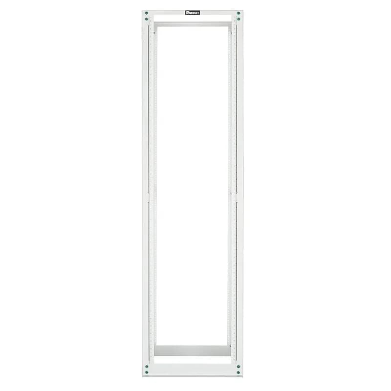 The 4-Post rack combines the stability of a cabinet with the accessibility of an open rack to deliver maximum flexibility. The 45 RU rack is 23 inches wide overall (with 19 inch standard EIA mount) and 41.5 inches deep, with adjustable mounting rails that have #12-24 EIA universal mounting hole spacing, and printed numbering. A range of cable managers and accessories work with the rack. The rack is UL listed for 2,500 pounds and is made of welded steel. The rack is white.
