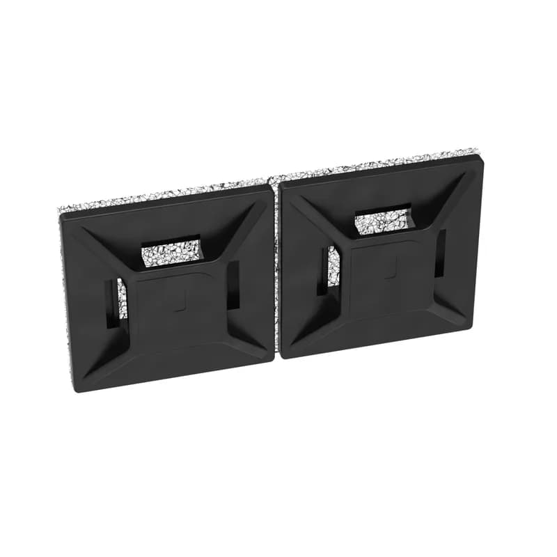 Panduit s ABMM-AV-C0 4-way high bond adhesive backed cable tie mounts have been designed for fast installation and long-term performance and reliability. They are made of weather resistant ABS plastic. These mounts can be used with miniature and intermediate cable ties and are designed for outdoor, high-temperature environments. They are 0.75" x 0.75" (19.1mm x 19.1mm), supplied in strips of 2, are black in color and come in packages of 100