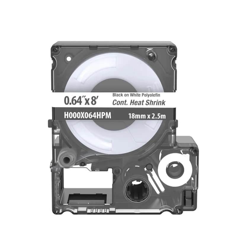 The Portable Printer continuous Heat Shrink Labels in White are made of 2:1. They measure 0.71" (18.0mm) Diameter, 8.2' (2.5 m) Length, and have a wire range of 8 - 2 AWG. The Fast-Loading MP Label Cassette includes both Label Material and Ribbon for Easy Label Changing.