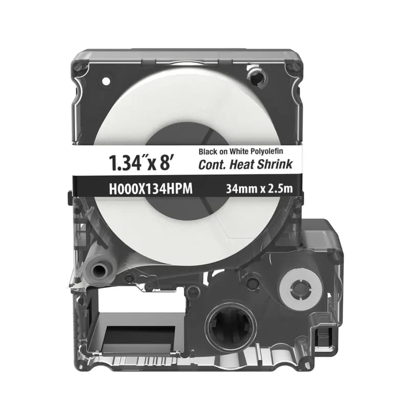 The Portable Printer continuous Heat Shrink Labels in White are made of 2:1. They measure 1.34" (34.0mm) Diameter, 8.2' (2.5 m) Length, and have a wire range of 1AWG - 250 MCM. The Fast-Loading MP Label Cassette includes both Label Material and Ribbon for Easy Label Changing.