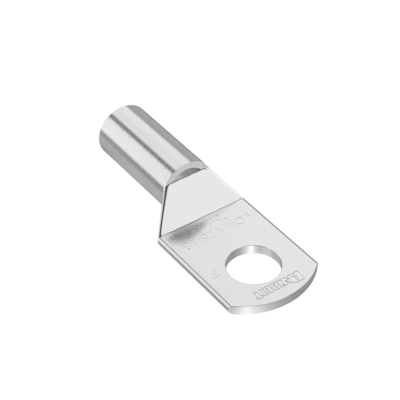 The LCMA6-10-C Tin-Plated Copper Compression Metric Lug, one-hole, standard barrel, has a rounded tongue convenient for use in tight spaces and a beveled wire entry for fast and easy installation. The inspection window aids to visually assure full conductor insertion, and the tin-plated material helps to inhibit corrosion.