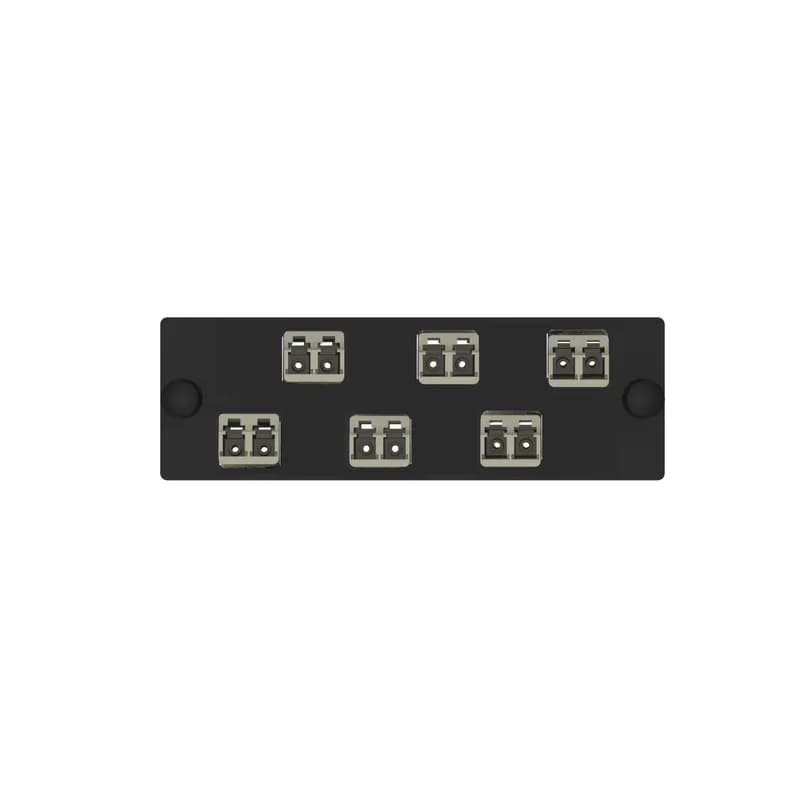 The Opticom LC fiber adapter panel is OM1 and is loaded with 6 LC duplex fiber optic adapters. The fiber optic adapters are electric ivory with zirconia split sleeves.