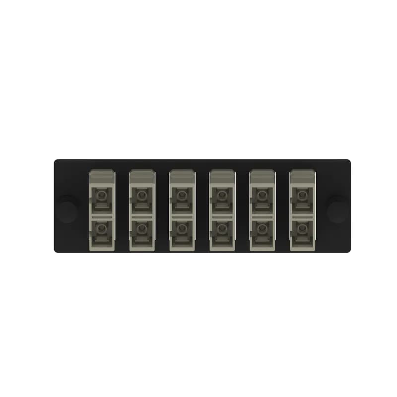The Opticom SC fiber adapter panel is OM1 and is loaded with 6 SC duplex fiber optic adapters. The fiber optic adapters are electric ivory with zirconia split sleeves.