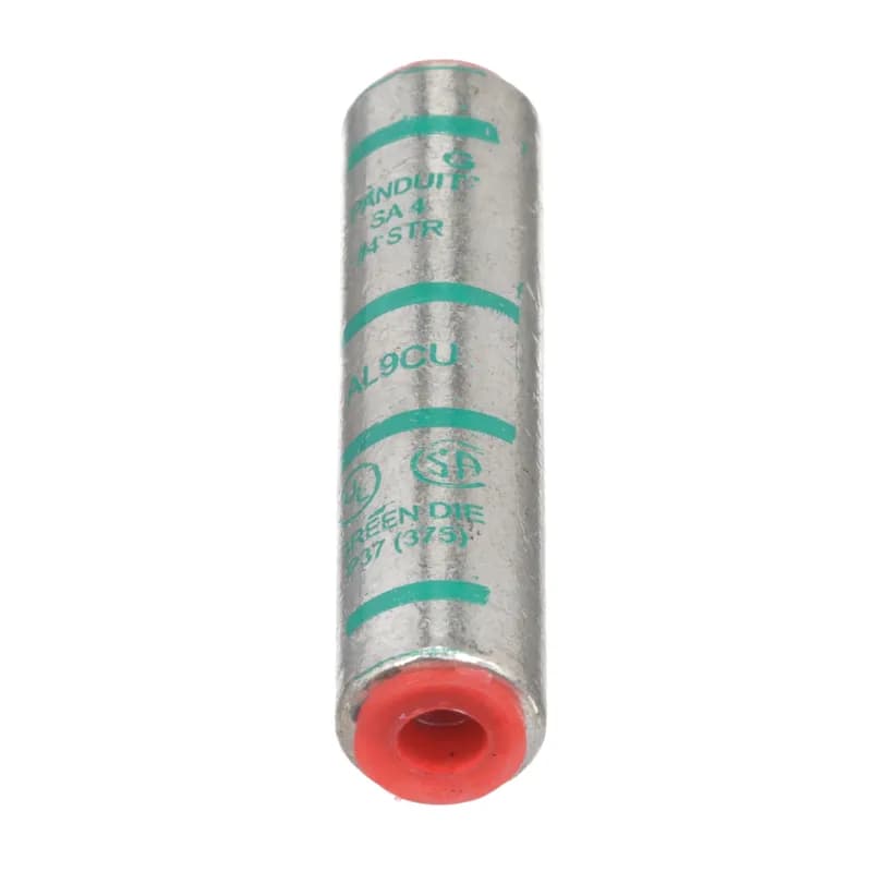 Aluminum Compression Splice, Tin-Plated to inhibit corrosion, high conductivity thick wall aluminum, Factory pre-filled joint compound and sealed with easy pull-out end plug to inhibit corrosion, Panduit and specified competitor die index numbers marked on barrel for proper crimp die selection, Internal solid stop prevents over-insertion of conductor, UL Listed and CSA Certified to 35 KV and temperature rated to 90C when crimped with Panduit and specified competitor crimping tools and dies.
