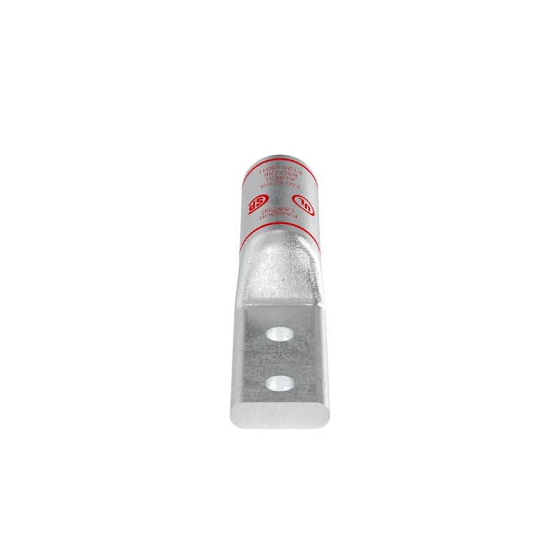 The LAB750-12-24R Aluminum Compression Connector Lug, two hole, is manufactured from high conductivity thick wall aluminum with an enclosed barrel for harsh environments. The color-coded barrels are marked with Panduit and specified competitor die index numbers for proper crimp die selection. Factory pre-filled with joint compound and tin-plated to inhibit corrosion. cULus listed up to 35kV and temperature rated to 90 C.