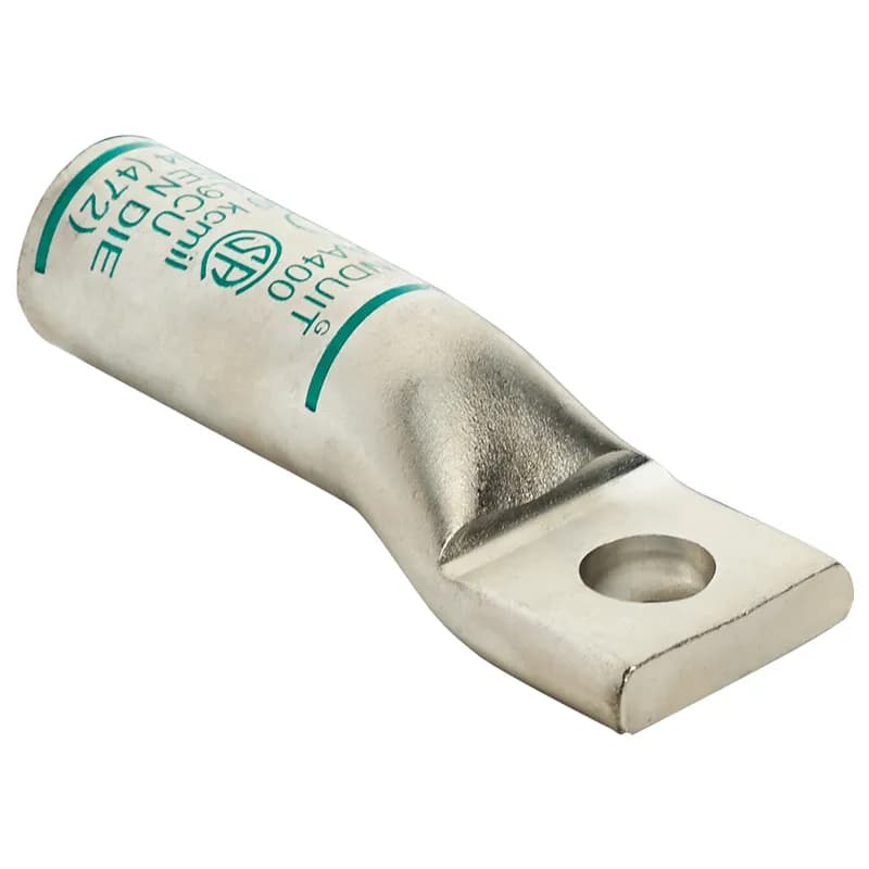 The LAA6-56-T Aluminum Compression Connector Lug, one hole, is manufactured from high conductivity thick wall aluminum with an enclosed barrel for harsh environments. The color-coded barrels are marked with Panduit and specified competitor die index numbers for proper crimp die selection. Factory pre-filled with joint compound and tin-plated to inhibit corrosion. cULus listed up to 35kV and temperature rated to 90 C.