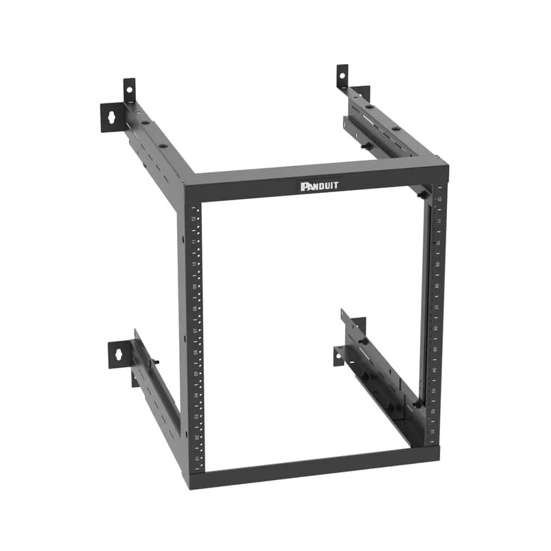 The PanZone 12RU Adjustable Depth Wall Mount Rack supports equipment mounting depths from 18", 21.5 , or 25" to provide greater flexibility with a single part number. Side rails offer slots that shall accept Tak-Ty or Bend Radius Control accessories for cable management. The construction method shall allow for single person installation. The equipment mounting rails shall be #12-24 threaded style mounting and include printed rack unit numbering from bottom up. Load rating of 150lbs, black.