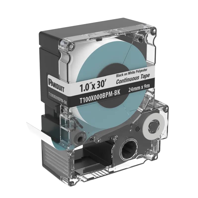 Panduit T100X000BPM-BK - The T100X000BPM-BK Continuous Tape Cassette includes both label material and ribbon for easy changeover. Print custom pipe markers, voltage markers, signs, bin markers, and network identification labels on demand. For flat label applications only. For use with the MP300, MP200 and MP100 printers. Polyester. 0.945" x 30' (24 mm x 9.1 m). Color Black on White. 1 cassette per package.
