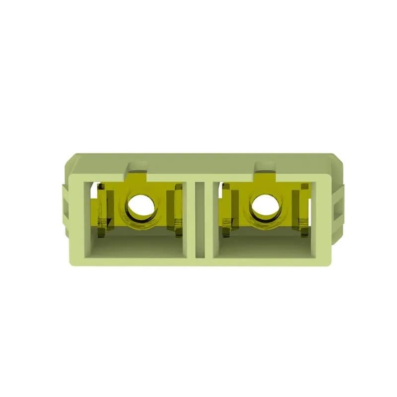 The SC duplex adapter connects two SC connectors in one module space and features a lime, multimode fiber adapter and has zirconia split sleeves. This part (ending in -L) is a pack of 50 adapters.