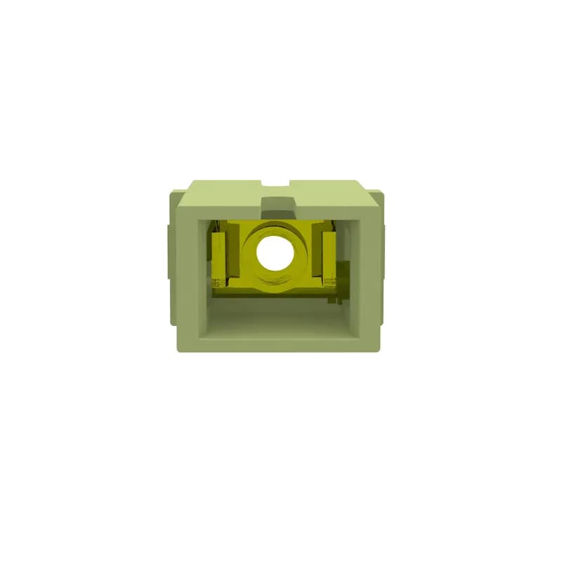 The SC simplex adapter connects two SC connectors in one module space and features a lime, multimode fiber adapter and has zirconia split sleeves. This part (ending in -L) is a pack of 50 adapters.