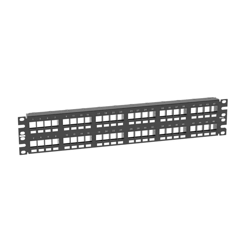 The NetKey Flush Mount Modular Patch Panel accepts up to 48 keystone modules for unshielded applications in 2 RU and mounts to 19 inch and 23 inch racks and cabinets. The patch panel includes pre-printed numbers that follow a vertical sequence. The panel mounts flush with the rack, can be identified with adhesive labels, and is black.