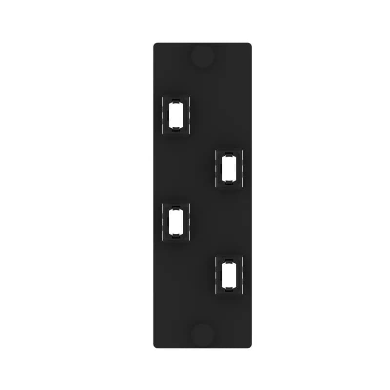The Opticom MPO fiber adapter panel is loaded with 4 MPO fiber optic adapters. The fiber optic adapters are in the key-up/key-down position, type a polarity and are black in color. The MPOs are positioned in a vertical arrangement when looking head-on on a vertical-orientated faceplate.