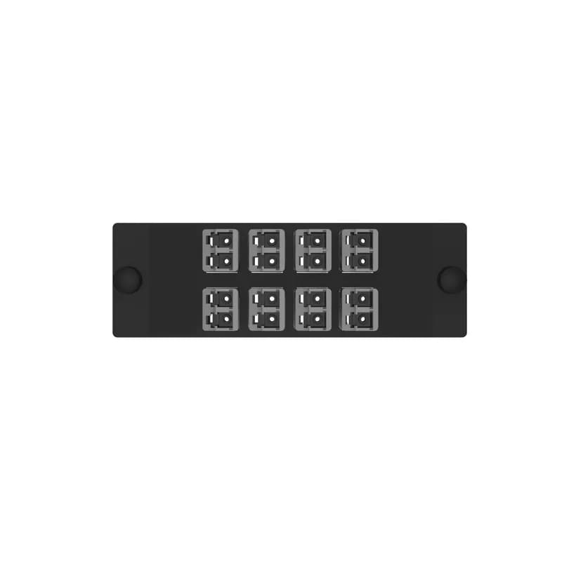 The Opticom LC fiber adapter panel is OM4 and is loaded with 8 LC duplex fiber optic adapters. The fiber optic adapters are Keyed K-International Gray on the user side and Non-keyed on the service side and has zirconia split sleeves.