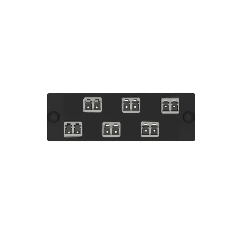 The Opticom LC fiber adapter panel is OM4 and is loaded with 6 LC duplex fiber optic adapters. The fiber optic adapters are Keyed P-Keyed White on the user side and Non-keyed on the service side and has zirconia split sleeves.