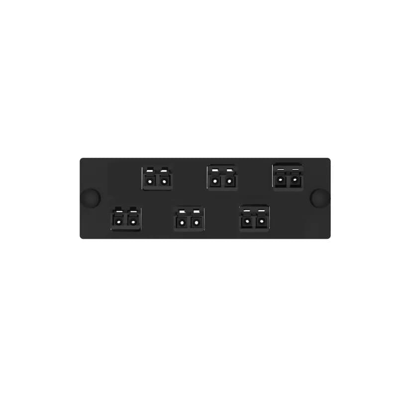 The Opticom LC fiber adapter panel is OM4 and is loaded with 6 LC duplex fiber optic adapters. The fiber optic adapters are Keyed A-Black on the user side and Non-keyed on the service side and has zirconia split sleeves.