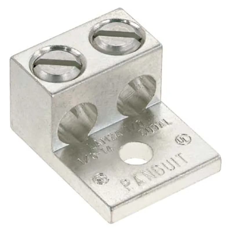 The LAM2A2/0-14-Q Tin-Plated Aluminum Mechanical Lug, one-hole, two barrel, is made from extruded aluminum alloy to provide premium electrical and mechanical performance for wide wire range-taking capability that helps minimize inventory requirements. The plated steel or aluminum set screw provides a durable electrical contract between conductor and Lug. UL Listed and CSA Certified for use up to 600 V and UL temperature rated 90 Degrees Celsius.