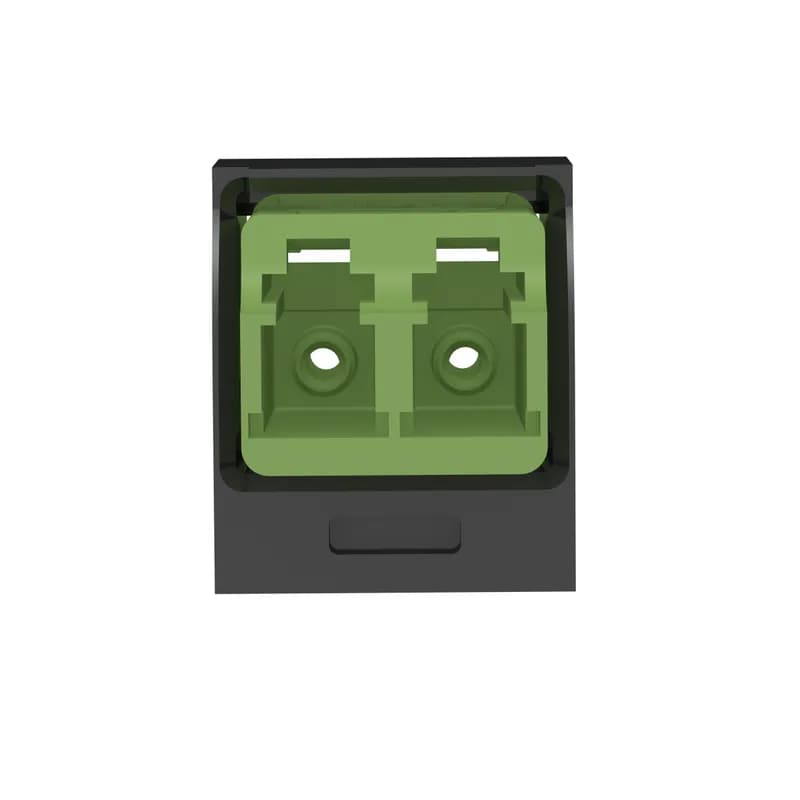 The Mini-Com Duplex LC Adapter is a small form factor (SFF) adapter with integrated panel retention clips and are TIA/EIA-605 FOCIS-10 compatible. It couples two LC duplex connectors in one module space and features an APC green fiber adapter along with a black module and has zirconia split sleeves.