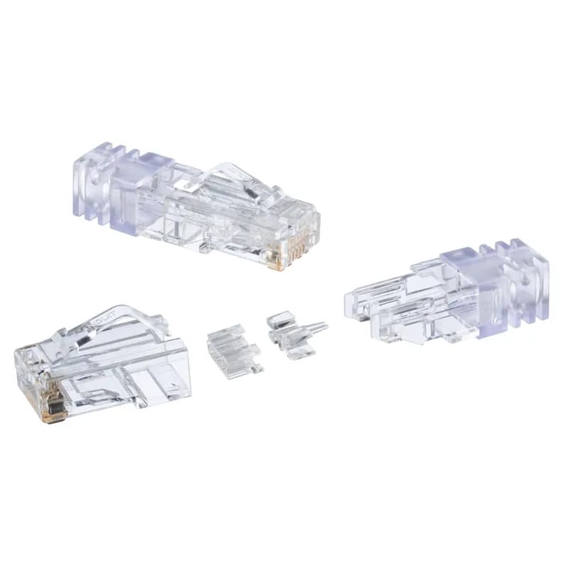 The Cat 6A UTP modular plug terminates to Panduit PUP6AHD04*-G Plenum 4-pair, 23 AWG, 100 ohm, solid, UTP cable with conductor insulation diameter of 0.040 inches (1.01mm) to 0.046 inches (1.17mm) and jacket diameter of 0.220 inches (5.58mm) to 0.240 inches (6.10mm). The plug has a robust construction that is rated to 2500 mating cycles with a tangle-free latch to prevent snags and provide easy release, saving time and providing reliability on moves, adds, and changes. Includes 100 per package.