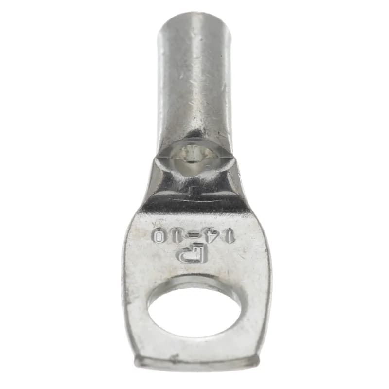 One-hole, long barrel lug with inspection window, #10 AWG wire, 1/4 stud hole.