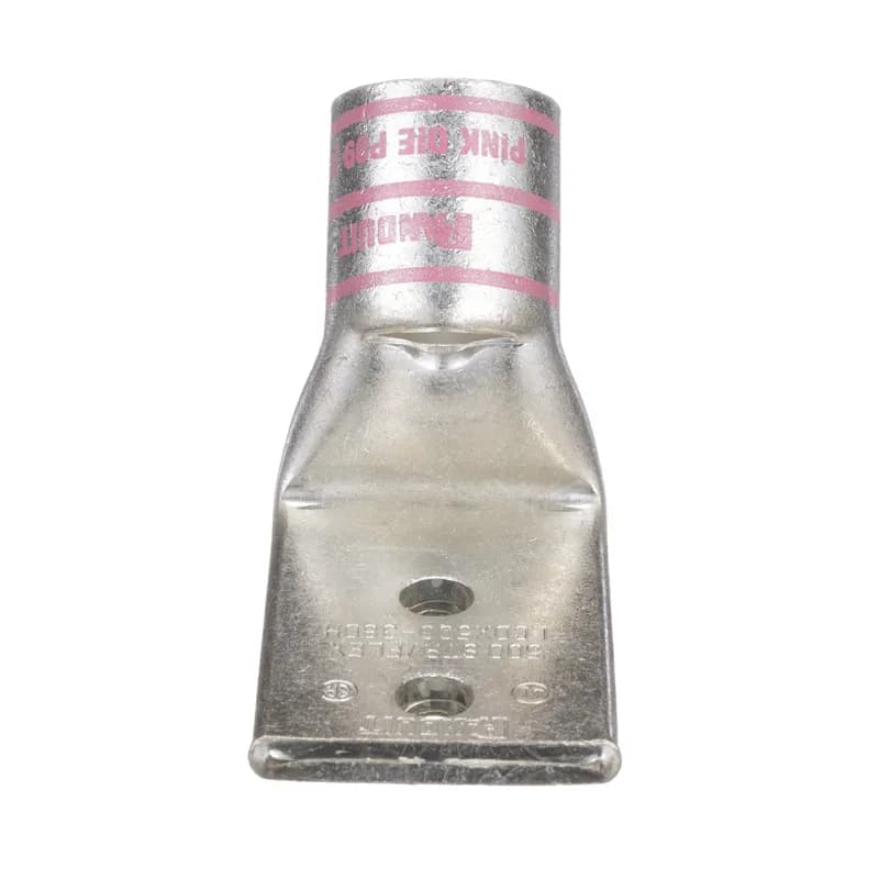 Two-hole, flex lug, 500 kcmil cable, 3/8 stud hole, 1 hole spacing, 45 angle tongue.