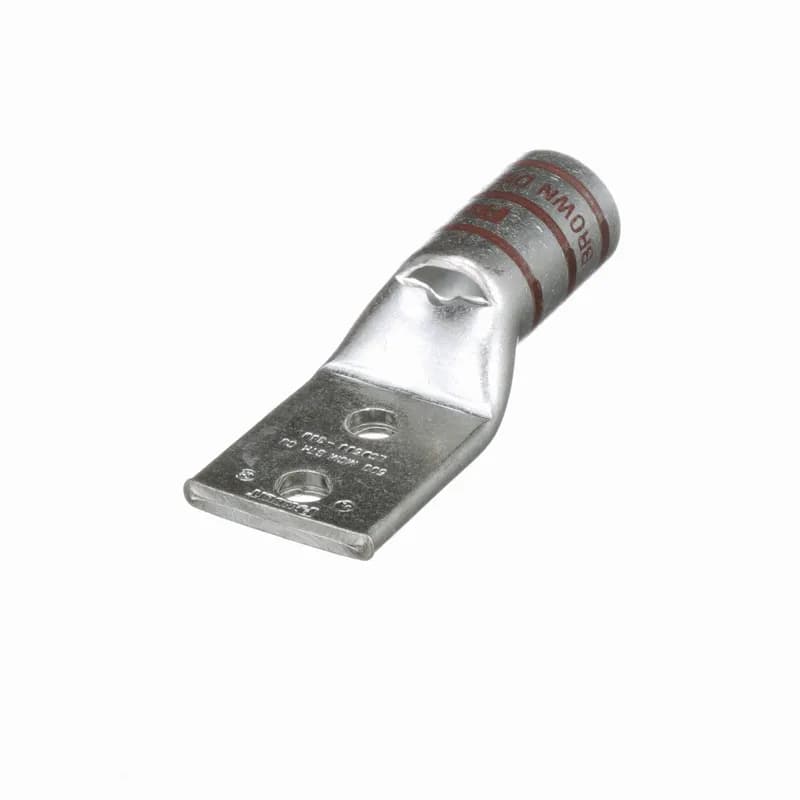 Two-hole, standard barrel lug with window, 500 kcmil cable, 3/8 stud hole, 1 hole spacing.